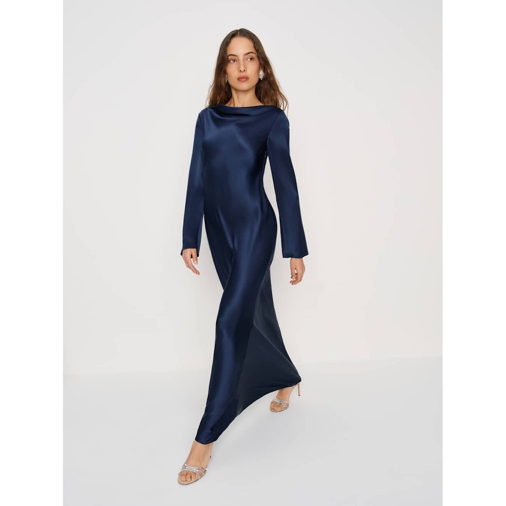 NEW NWT Reformation Pike Silk Maxi Dress Navy Blue Size 4